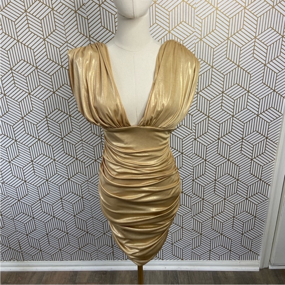 Bebe Gold Ruched Deep V Women's Dress plunge front